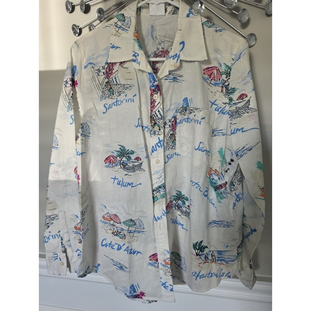 GAP The Easy Shirt Linen Cotton Vacation Postcard Print Button Down - Women's...